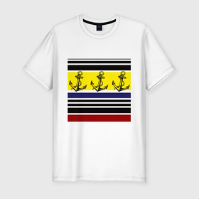 Мужская футболка хлопок Slim с принтом Якоря на полосатом фоне в Тюмени, 92% хлопок, 8% лайкра | приталенный силуэт, круглый вырез ворота, длина до линии бедра, короткий рукав | 