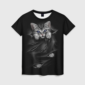 Женская футболка 3D с принтом Кот царапка рвётся наружу в Тюмени, 100% полиэфир ( синтетическое хлопкоподобное полотно) | прямой крой, круглый вырез горловины, длина до линии бедер | 