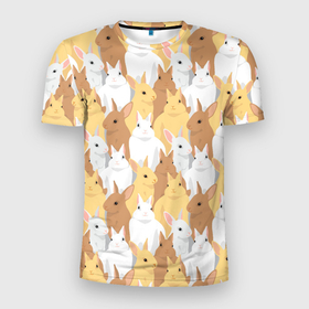 Мужская футболка 3D Slim с принтом Белые, рыжие, коричневые, серые кролики в Екатеринбурге, 100% полиэстер с улучшенными характеристиками | приталенный силуэт, круглая горловина, широкие плечи, сужается к линии бедра | 