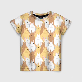 Детская футболка 3D с принтом Белые, рыжие, коричневые, серые кролики в Курске, 100% гипоаллергенный полиэфир | прямой крой, круглый вырез горловины, длина до линии бедер, чуть спущенное плечо, ткань немного тянется | Тематика изображения на принте: 