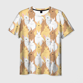 Мужская футболка 3D с принтом Белые, рыжие, коричневые, серые кролики в Екатеринбурге, 100% полиэфир | прямой крой, круглый вырез горловины, длина до линии бедер | 