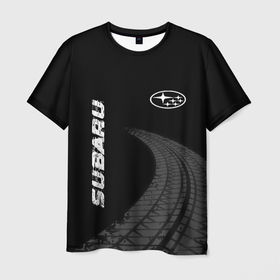 Мужская футболка 3D с принтом Subaru speed на темном фоне со следами шин: надпись, символ в Тюмени, 100% полиэфир | прямой крой, круглый вырез горловины, длина до линии бедер | Тематика изображения на принте: 