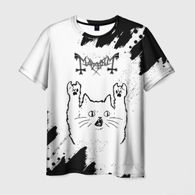 Мужская футболка 3D с принтом Mayhem рок кот на светлом фоне в Белгороде, 100% полиэфир | прямой крой, круглый вырез горловины, длина до линии бедер | Тематика изображения на принте: 