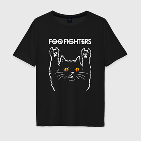 Мужская футболка хлопок Oversize с принтом Foo Fighters rock cat в Тюмени, 100% хлопок | свободный крой, круглый ворот, “спинка” длиннее передней части | 