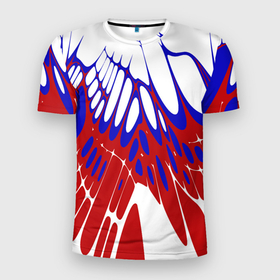 Мужская футболка 3D Slim с принтом Лучи   белый синий красный   Хуф и Ся в Кировске, 100% полиэстер с улучшенными характеристиками | приталенный силуэт, круглая горловина, широкие плечи, сужается к линии бедра | 