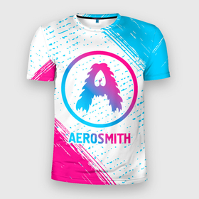 Мужская футболка 3D Slim с принтом Aerosmith neon gradient style в Петрозаводске, 100% полиэстер с улучшенными характеристиками | приталенный силуэт, круглая горловина, широкие плечи, сужается к линии бедра | 