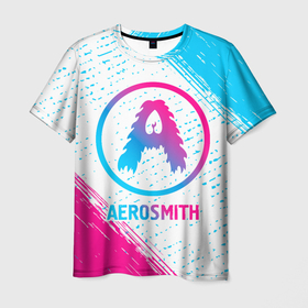 Мужская футболка 3D с принтом Aerosmith neon gradient style в Новосибирске, 100% полиэфир | прямой крой, круглый вырез горловины, длина до линии бедер | Тематика изображения на принте: 