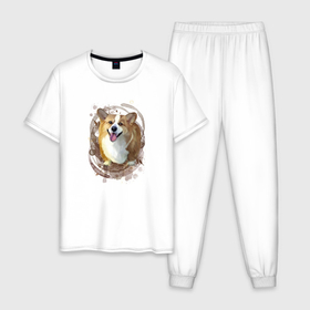 Мужская пижама хлопок с принтом Милая собака корги , 100% хлопок | брюки и футболка прямого кроя, без карманов, на брюках мягкая резинка на поясе и по низу штанин
 | 