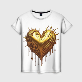 Женская футболка 3D с принтом Золотое сердце в Петрозаводске, 100% полиэфир ( синтетическое хлопкоподобное полотно) | прямой крой, круглый вырез горловины, длина до линии бедер | 