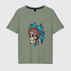 Мужская футболка хлопок Oversize с принтом Череп Индейца с перьями в Кировске, 100% хлопок | свободный крой, круглый ворот, “спинка” длиннее передней части | 