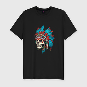 Мужская футболка хлопок Slim с принтом Череп Индейца с перьями в Курске, 92% хлопок, 8% лайкра | приталенный силуэт, круглый вырез ворота, длина до линии бедра, короткий рукав | 