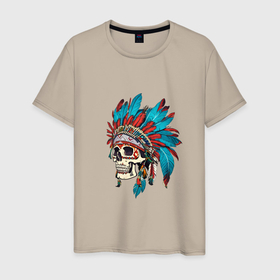 Мужская футболка хлопок с принтом Череп Индейца с перьями в Тюмени, 100% хлопок | прямой крой, круглый вырез горловины, длина до линии бедер, слегка спущенное плечо. | 