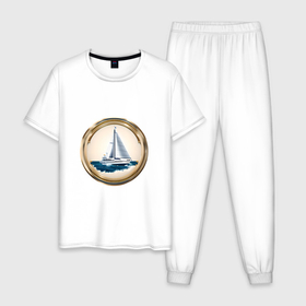 Мужская пижама хлопок с принтом Яхта в море в Кировске, 100% хлопок | брюки и футболка прямого кроя, без карманов, на брюках мягкая резинка на поясе и по низу штанин
 | Тематика изображения на принте: 