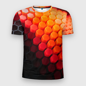 Мужская футболка 3D Slim с принтом Hexagon orange в Белгороде, 100% полиэстер с улучшенными характеристиками | приталенный силуэт, круглая горловина, широкие плечи, сужается к линии бедра | 