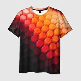 Мужская футболка 3D с принтом Hexagon orange , 100% полиэфир | прямой крой, круглый вырез горловины, длина до линии бедер | 