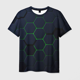 Мужская футболка 3D с принтом Honeycombs green в Тюмени, 100% полиэфир | прямой крой, круглый вырез горловины, длина до линии бедер | 