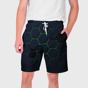 Мужские шорты 3D с принтом Honeycombs green в Тюмени,  полиэстер 100% | прямой крой, два кармана без застежек по бокам. Мягкая трикотажная резинка на поясе, внутри которой широкие завязки. Длина чуть выше колен | 