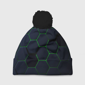 Шапка 3D c помпоном с принтом Honeycombs green в Тюмени, 100% полиэстер | универсальный размер, печать по всей поверхности изделия | 