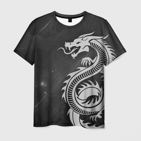 Мужская футболка 3D с принтом Серый трайбл дракон в Тюмени, 100% полиэфир | прямой крой, круглый вырез горловины, длина до линии бедер | 