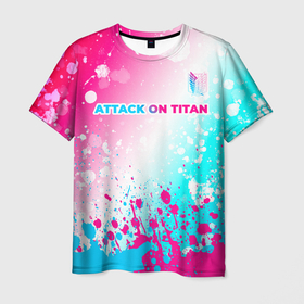 Мужская футболка 3D с принтом Attack on Titan neon gradient style: символ сверху в Петрозаводске, 100% полиэфир | прямой крой, круглый вырез горловины, длина до линии бедер | 