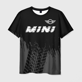 Мужская футболка 3D с принтом Mini speed на темном фоне со следами шин: символ сверху в Кировске, 100% полиэфир | прямой крой, круглый вырез горловины, длина до линии бедер | 