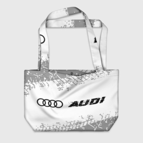 Пляжная сумка 3D с принтом Audi speed на светлом фоне со следами шин: надпись и символ в Санкт-Петербурге, 100% полиэстер | застегивается на металлическую кнопку; внутренний карман застегивается на молнию. Стенки укреплены специальным мягким материалом, чтобы защитить содержимое от несильных ударов
 | 