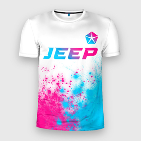 Мужская футболка 3D Slim с принтом Jeep neon gradient style: символ сверху в Курске, 100% полиэстер с улучшенными характеристиками | приталенный силуэт, круглая горловина, широкие плечи, сужается к линии бедра | 