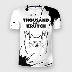 Мужская футболка 3D Slim с принтом Thousand Foot Krutch рок кот на светлом фоне в Курске, 100% полиэстер с улучшенными характеристиками | приталенный силуэт, круглая горловина, широкие плечи, сужается к линии бедра | 
