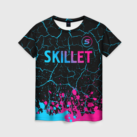 Женская футболка 3D с принтом Skillet   neon gradient: символ сверху в Екатеринбурге, 100% полиэфир ( синтетическое хлопкоподобное полотно) | прямой крой, круглый вырез горловины, длина до линии бедер | 