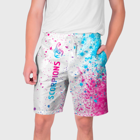 Мужские шорты 3D с принтом Scorpions neon gradient style: по вертикали ,  полиэстер 100% | прямой крой, два кармана без застежек по бокам. Мягкая трикотажная резинка на поясе, внутри которой широкие завязки. Длина чуть выше колен | 