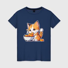 Женская футболка хлопок с принтом кот ест абрикосы в Екатеринбурге, 100% хлопок | прямой крой, круглый вырез горловины, длина до линии бедер, слегка спущенное плечо | 