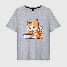 Мужская футболка хлопок Oversize с принтом кот ест абрикосы , 100% хлопок | свободный крой, круглый ворот, “спинка” длиннее передней части | 