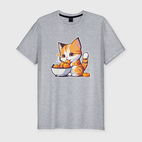 Мужская футболка хлопок Slim с принтом кот ест абрикосы в Белгороде, 92% хлопок, 8% лайкра | приталенный силуэт, круглый вырез ворота, длина до линии бедра, короткий рукав | 