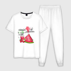 Мужская пижама хлопок с принтом Watermelon and Strawberry в Екатеринбурге, 100% хлопок | брюки и футболка прямого кроя, без карманов, на брюках мягкая резинка на поясе и по низу штанин
 | 