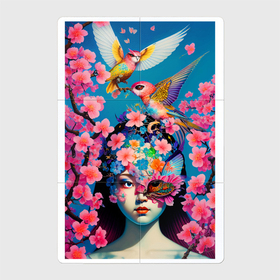 Магнитный плакат 2Х3 с принтом Японская девушка с птицами и цветущей сакурой в Курске, Полимерный материал с магнитным слоем | 6 деталей размером 9*9 см | Тематика изображения на принте: 