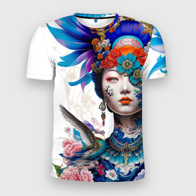 Мужская футболка 3D Slim с принтом Japanese girl   irezumi   tattoo в Кировске, 100% полиэстер с улучшенными характеристиками | приталенный силуэт, круглая горловина, широкие плечи, сужается к линии бедра | Тематика изображения на принте: 