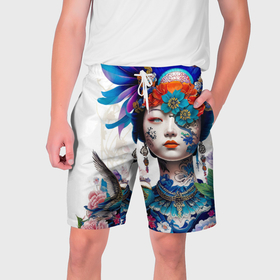 Мужские шорты 3D с принтом Japanese girl   irezumi   tattoo в Петрозаводске,  полиэстер 100% | прямой крой, два кармана без застежек по бокам. Мягкая трикотажная резинка на поясе, внутри которой широкие завязки. Длина чуть выше колен | 