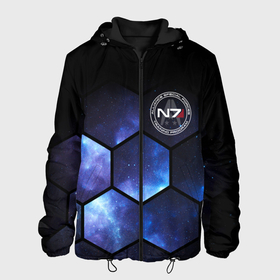 Мужская куртка 3D с принтом Mass Effect   N7    Космос в Новосибирске, ткань верха — 100% полиэстер, подклад — флис | прямой крой, подол и капюшон оформлены резинкой с фиксаторами, два кармана без застежек по бокам, один большой потайной карман на груди. Карман на груди застегивается на липучку | 