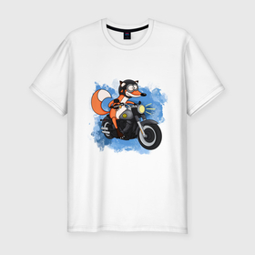Мужская футболка хлопок Slim с принтом Лис на мотоцикле в Белгороде, 92% хлопок, 8% лайкра | приталенный силуэт, круглый вырез ворота, длина до линии бедра, короткий рукав | Тематика изображения на принте: 
