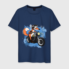 Мужская футболка хлопок с принтом Лис на мотоцикле в Тюмени, 100% хлопок | прямой крой, круглый вырез горловины, длина до линии бедер, слегка спущенное плечо. | 