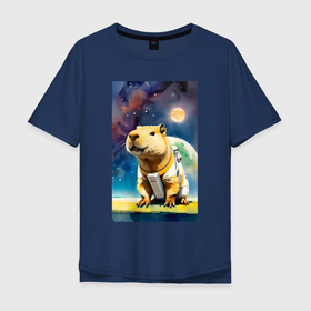 Мужская футболка хлопок Oversize с принтом Capybara brave astronaut   neural network , 100% хлопок | свободный крой, круглый ворот, “спинка” длиннее передней части | 
