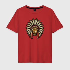Мужская футболка хлопок Oversize с принтом Портрет вождя индейцев в Екатеринбурге, 100% хлопок | свободный крой, круглый ворот, “спинка” длиннее передней части | Тематика изображения на принте: 