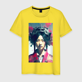 Мужская футболка хлопок с принтом Japanese girl   cyberpunk   neural network , 100% хлопок | прямой крой, круглый вырез горловины, длина до линии бедер, слегка спущенное плечо. | Тематика изображения на принте: 