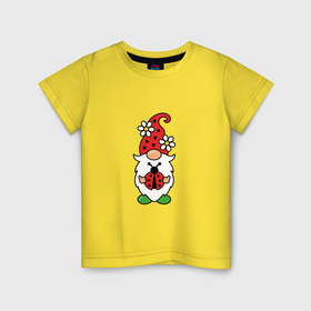 Детская футболка хлопок с принтом Летний гном с божьей коровкой в Санкт-Петербурге, 100% хлопок | круглый вырез горловины, полуприлегающий силуэт, длина до линии бедер | 