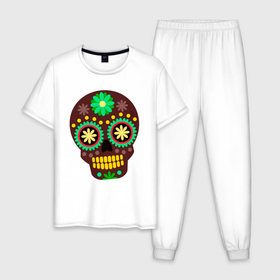 Мужская пижама хлопок с принтом Коричневый мексиканский череп , 100% хлопок | брюки и футболка прямого кроя, без карманов, на брюках мягкая резинка на поясе и по низу штанин
 | 