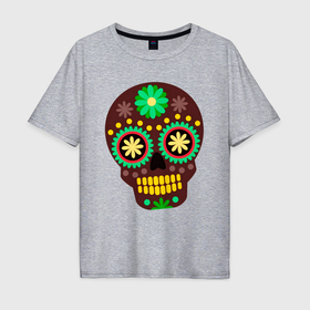 Мужская футболка хлопок Oversize с принтом Коричневый мексиканский череп в Кировске, 100% хлопок | свободный крой, круглый ворот, “спинка” длиннее передней части | 
