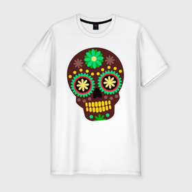 Мужская футболка хлопок Slim с принтом Коричневый мексиканский череп в Тюмени, 92% хлопок, 8% лайкра | приталенный силуэт, круглый вырез ворота, длина до линии бедра, короткий рукав | 
