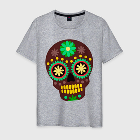 Мужская футболка хлопок с принтом Коричневый мексиканский череп в Кировске, 100% хлопок | прямой крой, круглый вырез горловины, длина до линии бедер, слегка спущенное плечо. | 