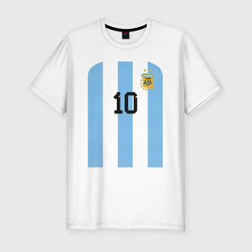 Мужская футболка хлопок Slim с принтом Месси сборная Аргентины ЧМ 2022 в Петрозаводске, 92% хлопок, 8% лайкра | приталенный силуэт, круглый вырез ворота, длина до линии бедра, короткий рукав | Тематика изображения на принте: 