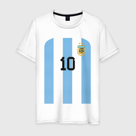 Мужская футболка хлопок с принтом Месси сборная Аргентины ЧМ 2022 в Санкт-Петербурге, 100% хлопок | прямой крой, круглый вырез горловины, длина до линии бедер, слегка спущенное плечо. | Тематика изображения на принте: 